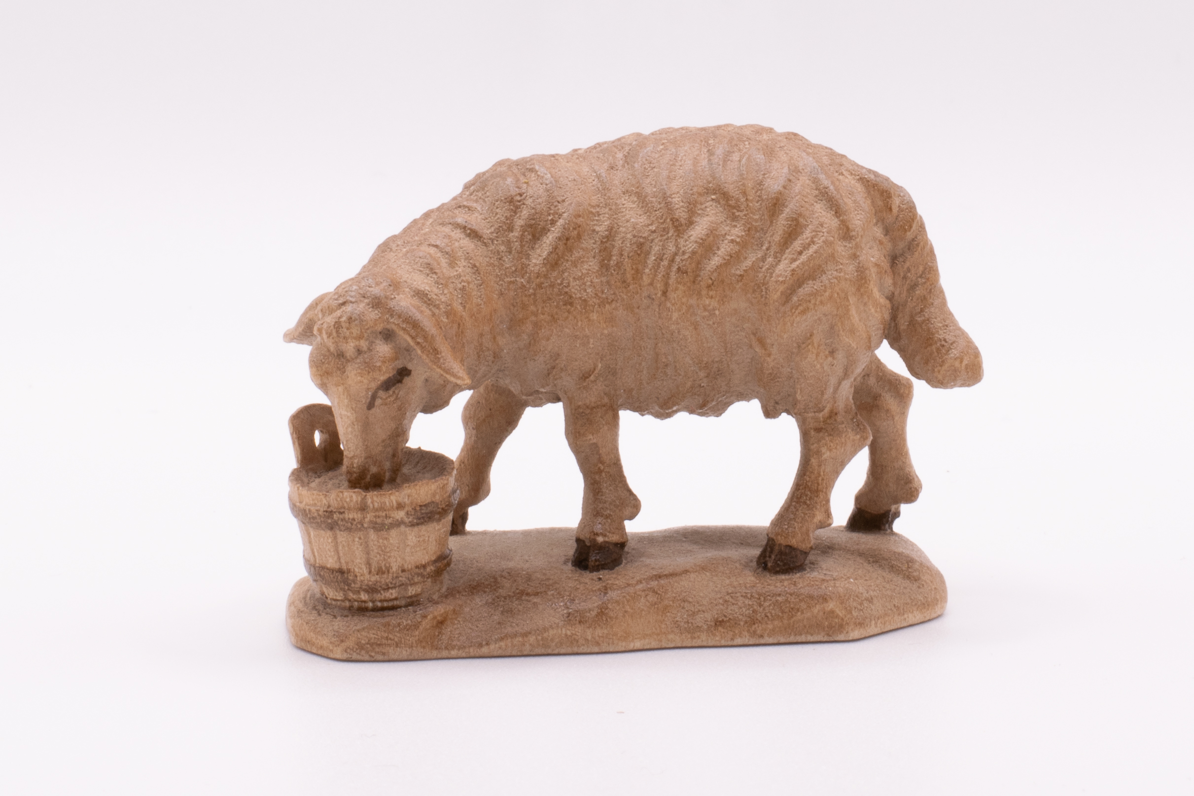 Krippenfigur Schaf mit Trog, Barock - Gebeizt, 13cm