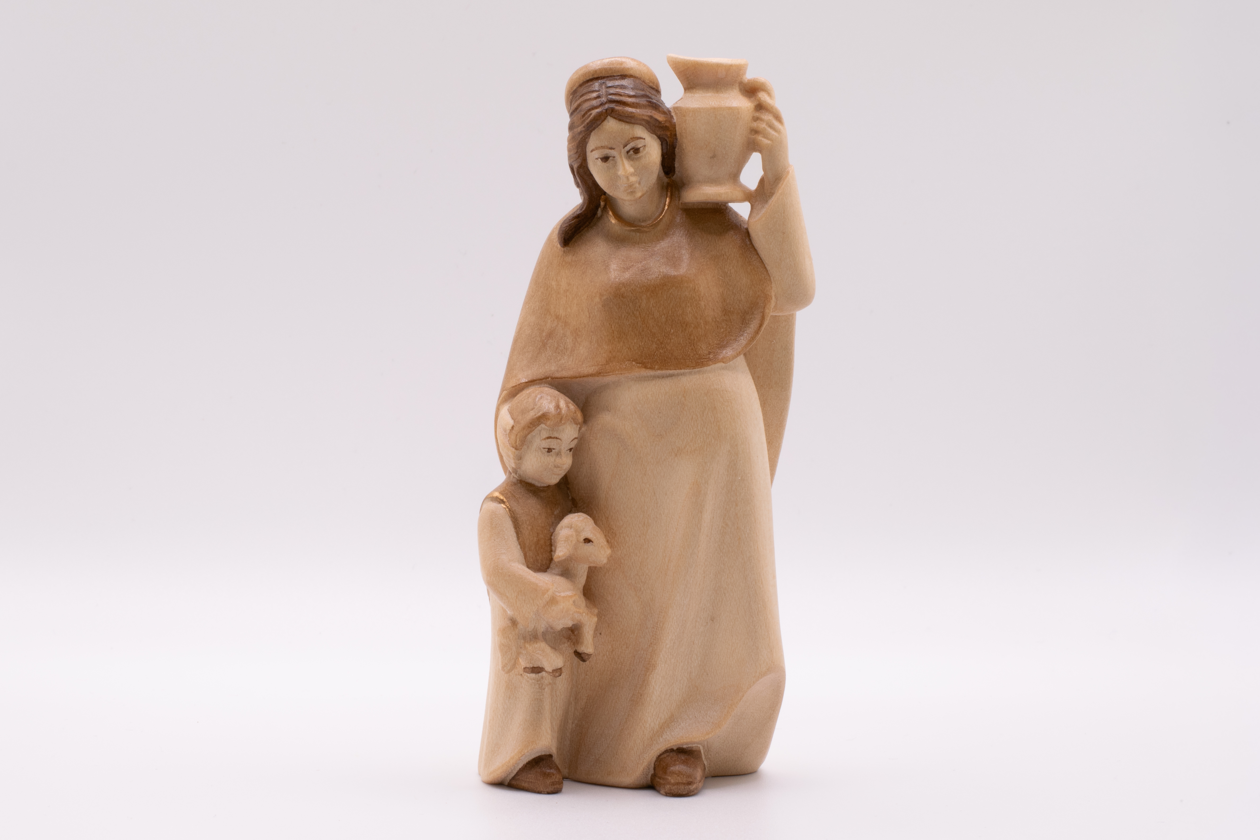 Krippenfigur Hirtin mit Kind, Modern - Gebeizt, 12cm