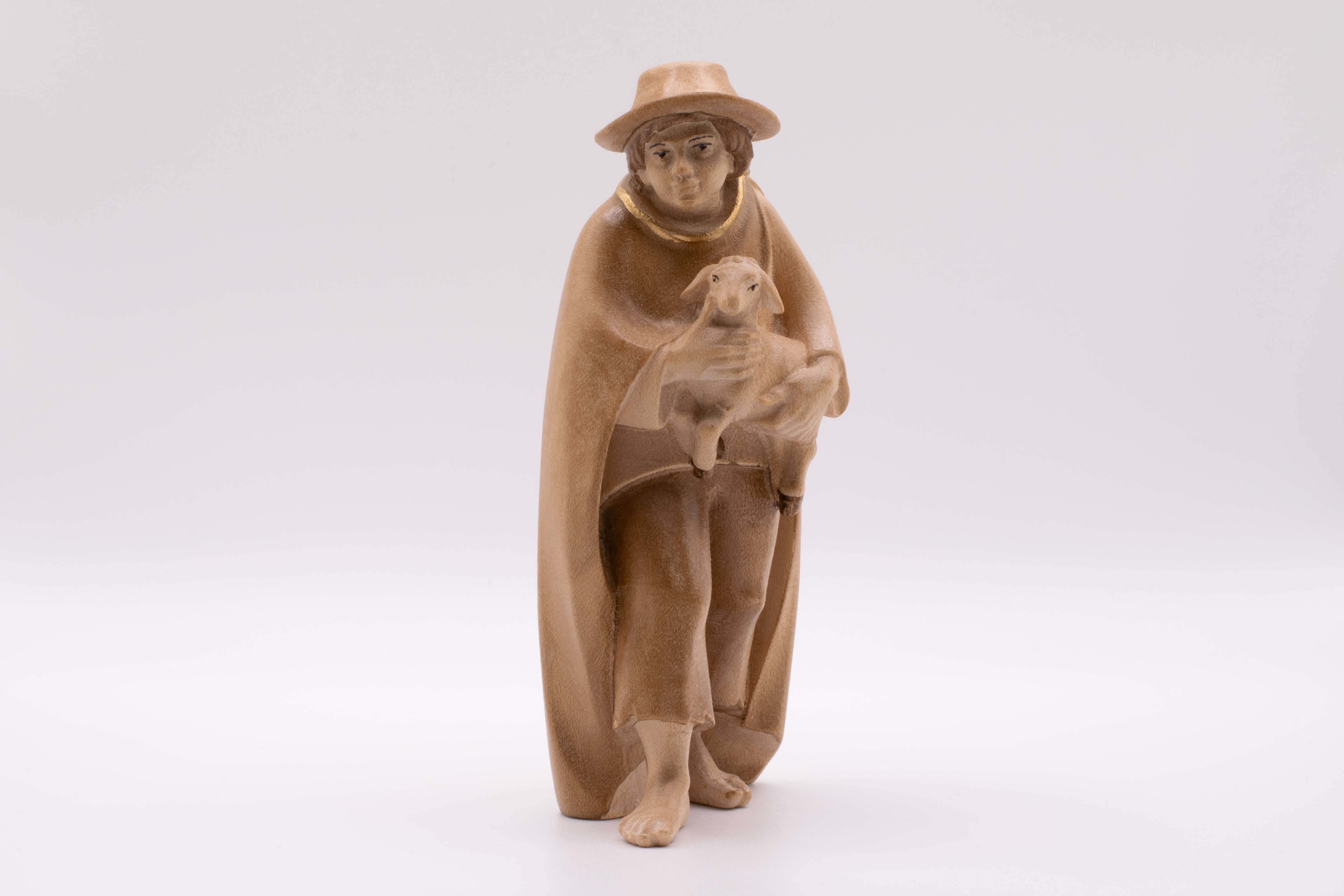 Krippenfigur Hirt mit Lamm, Modern - Gebeizt, 12cm