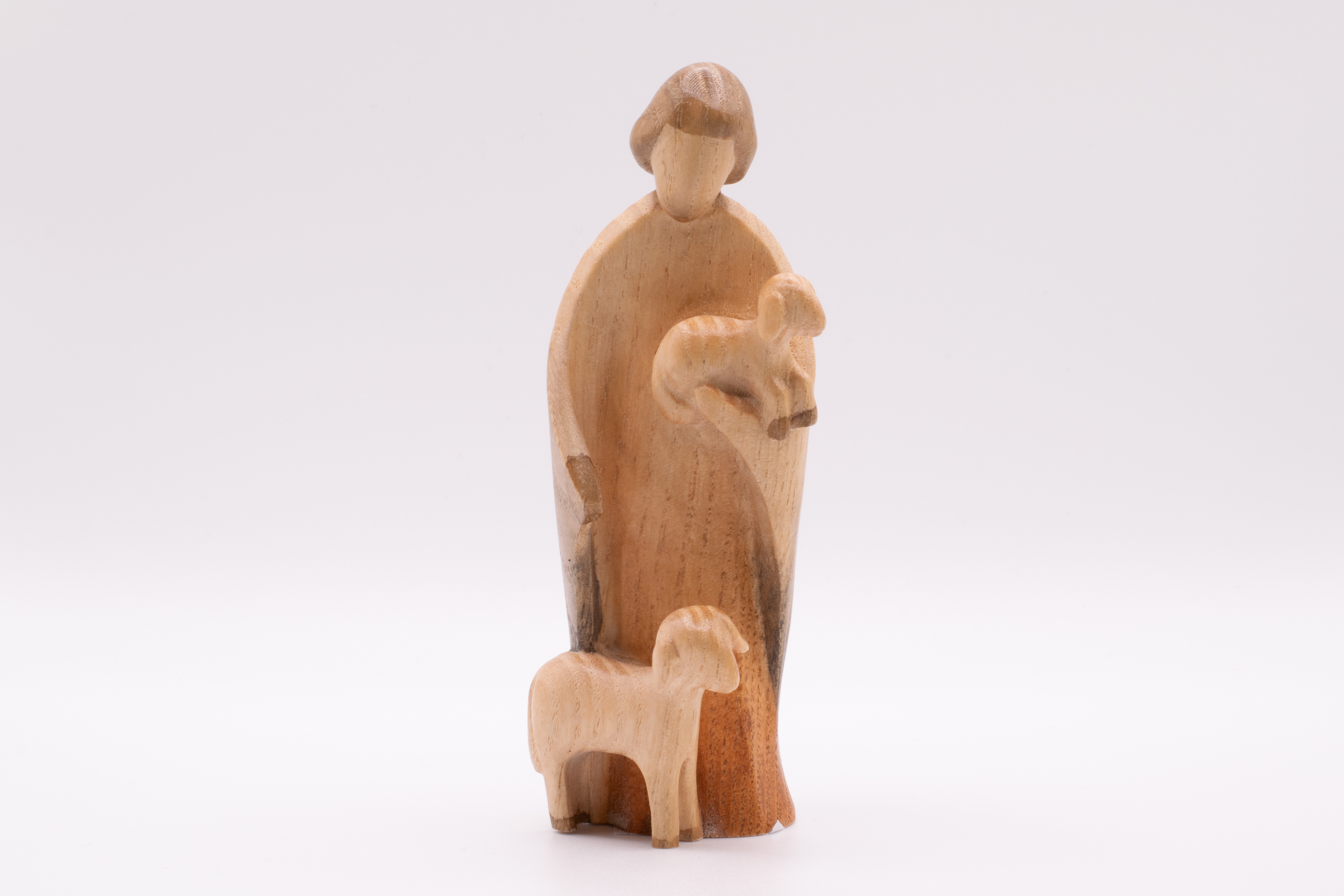 Krippenfigur Hirt mit Schaf und Lamm, Stilisiert - Bemalt, 12cm