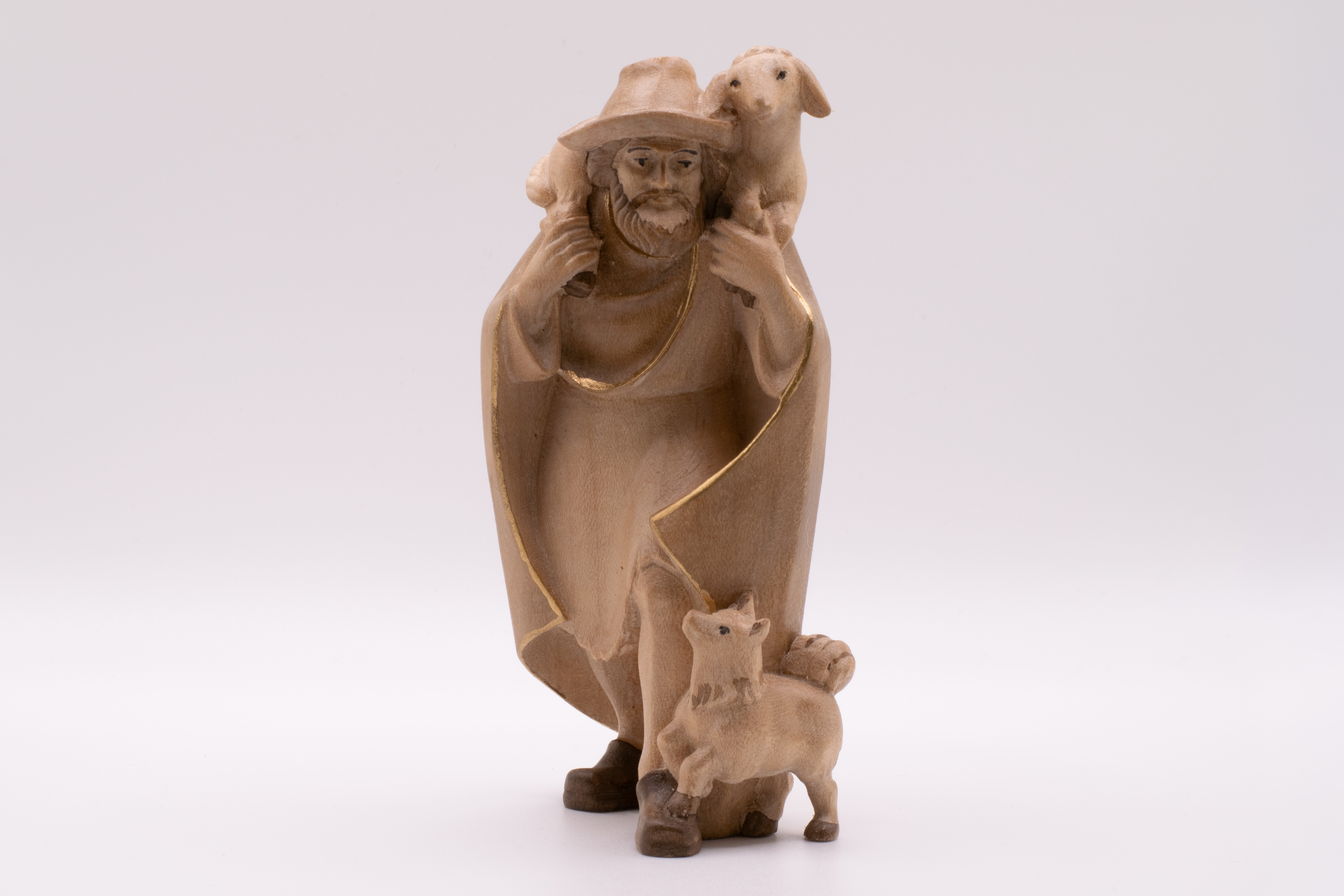 Krippenfigur Hirt mit Schaf und Hund, Modern - Gebeizt, 12cm
