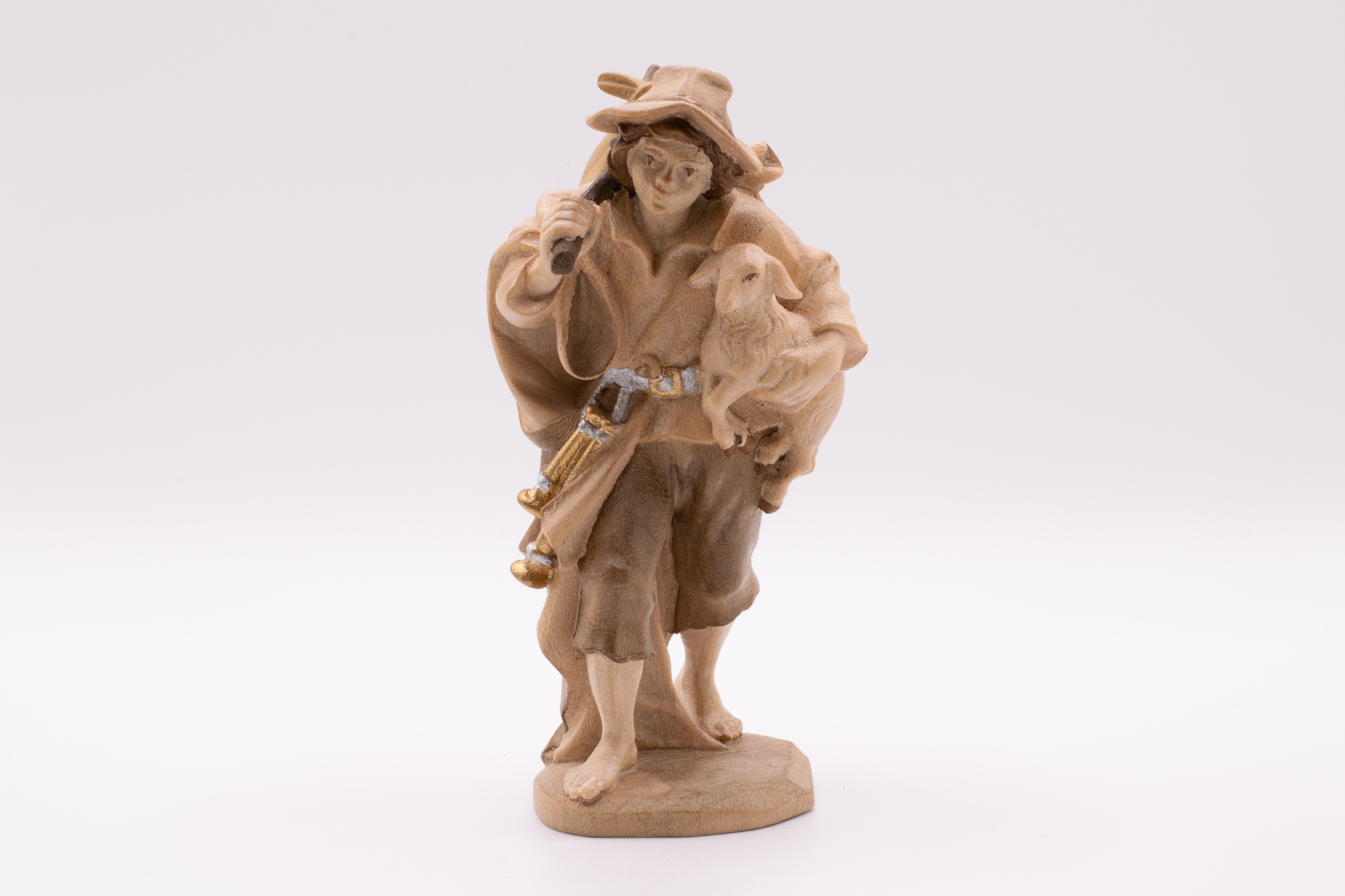 Krippenfigur Hirt mit Lamm und Sack, Barock - Gebeizt, 13cm