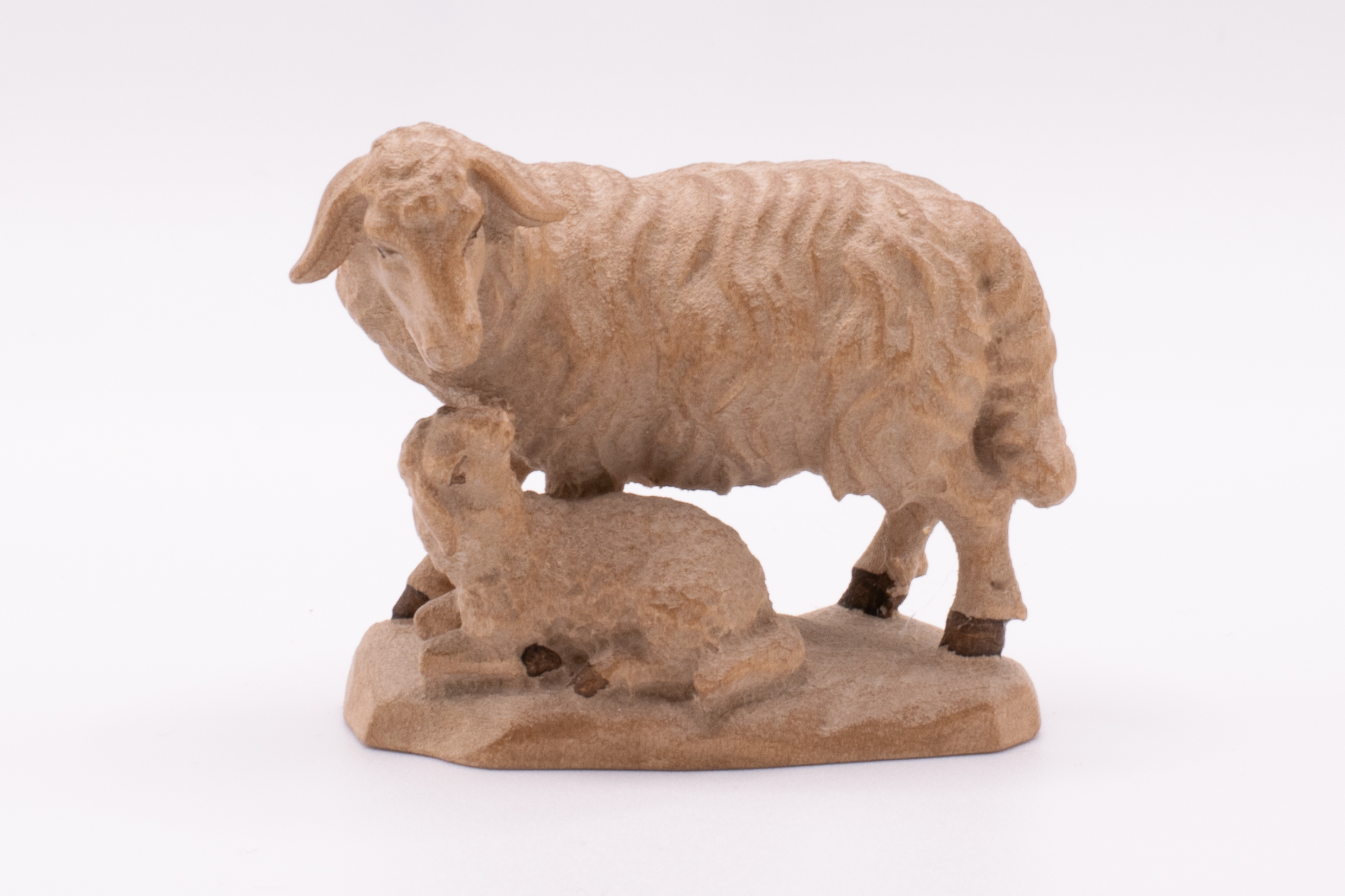 Krippenfigur Schaf mit Lamm, Barock - Gebeizt, 9cm