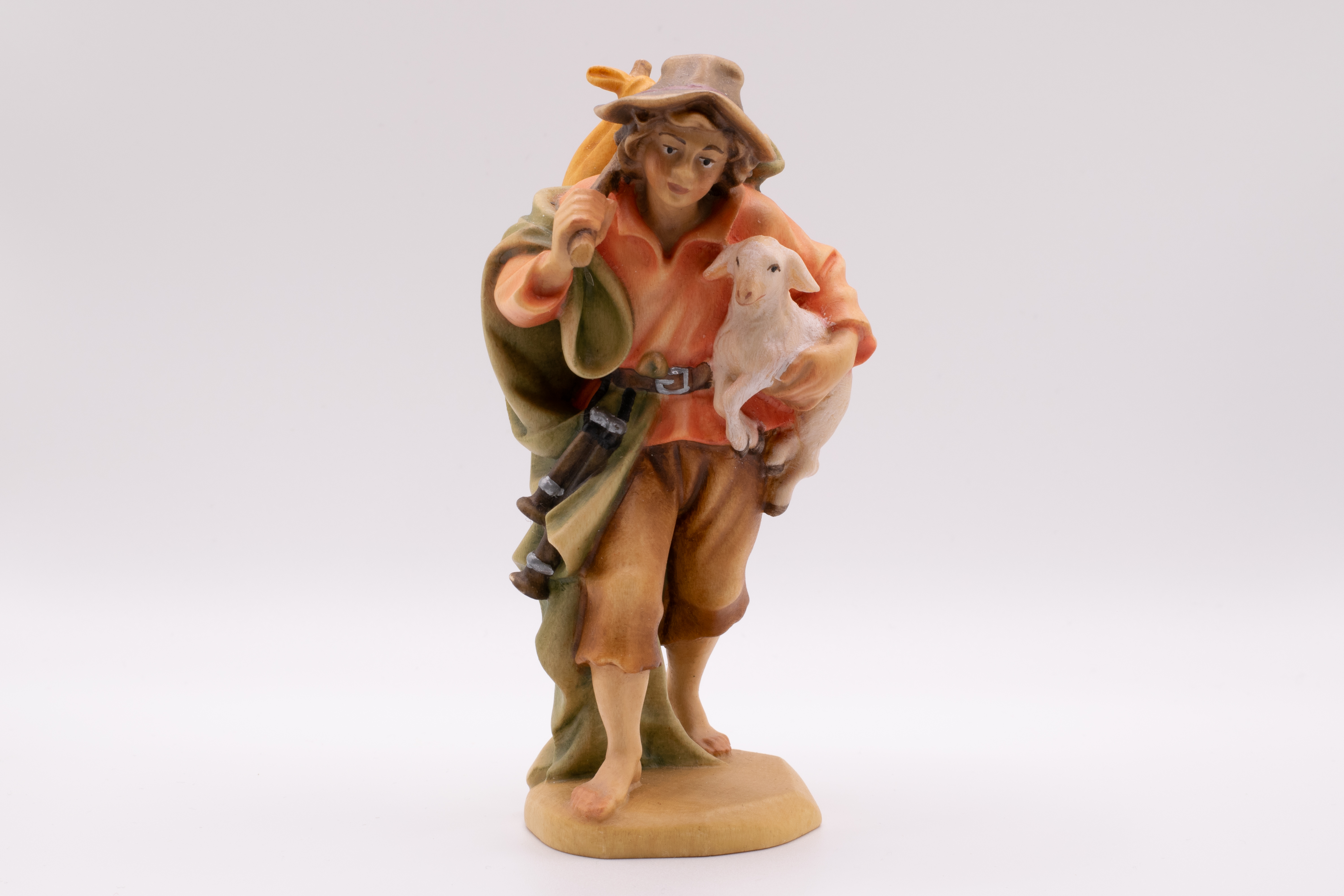Krippenfigur Hirt mit Lamm und Sack, Barock - Bemalt, 7cm