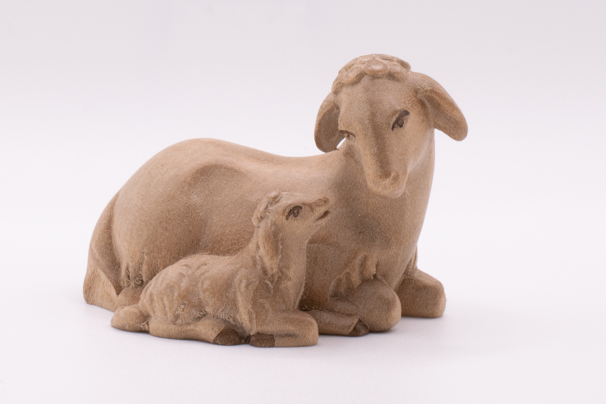 Krippenfigur Schaf mit Lamm, Modern - Gebeizt, 12cm