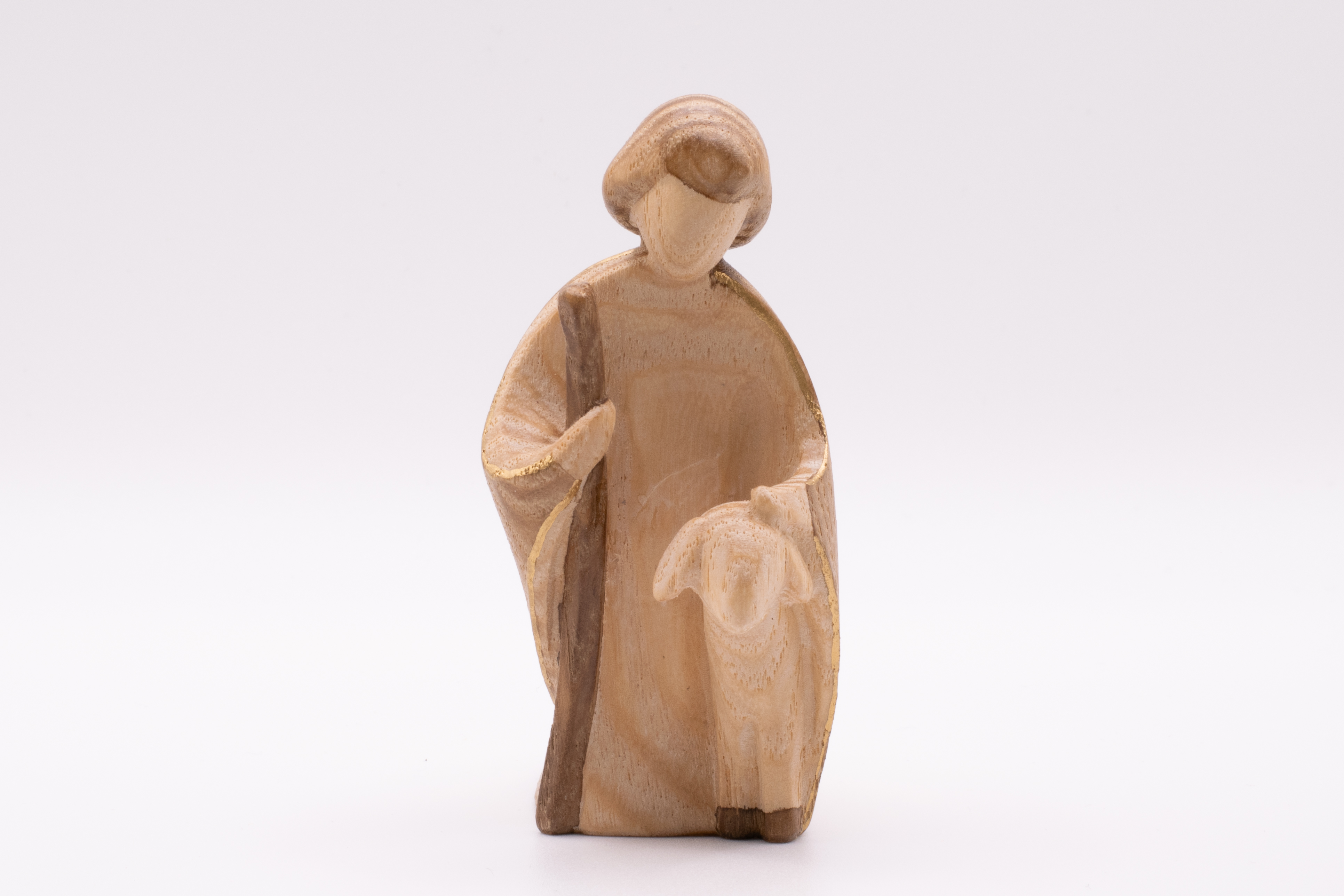 Krippenfigur Hirt kniend mit Schaf, Stilisiert - Gebeizt, 12cm