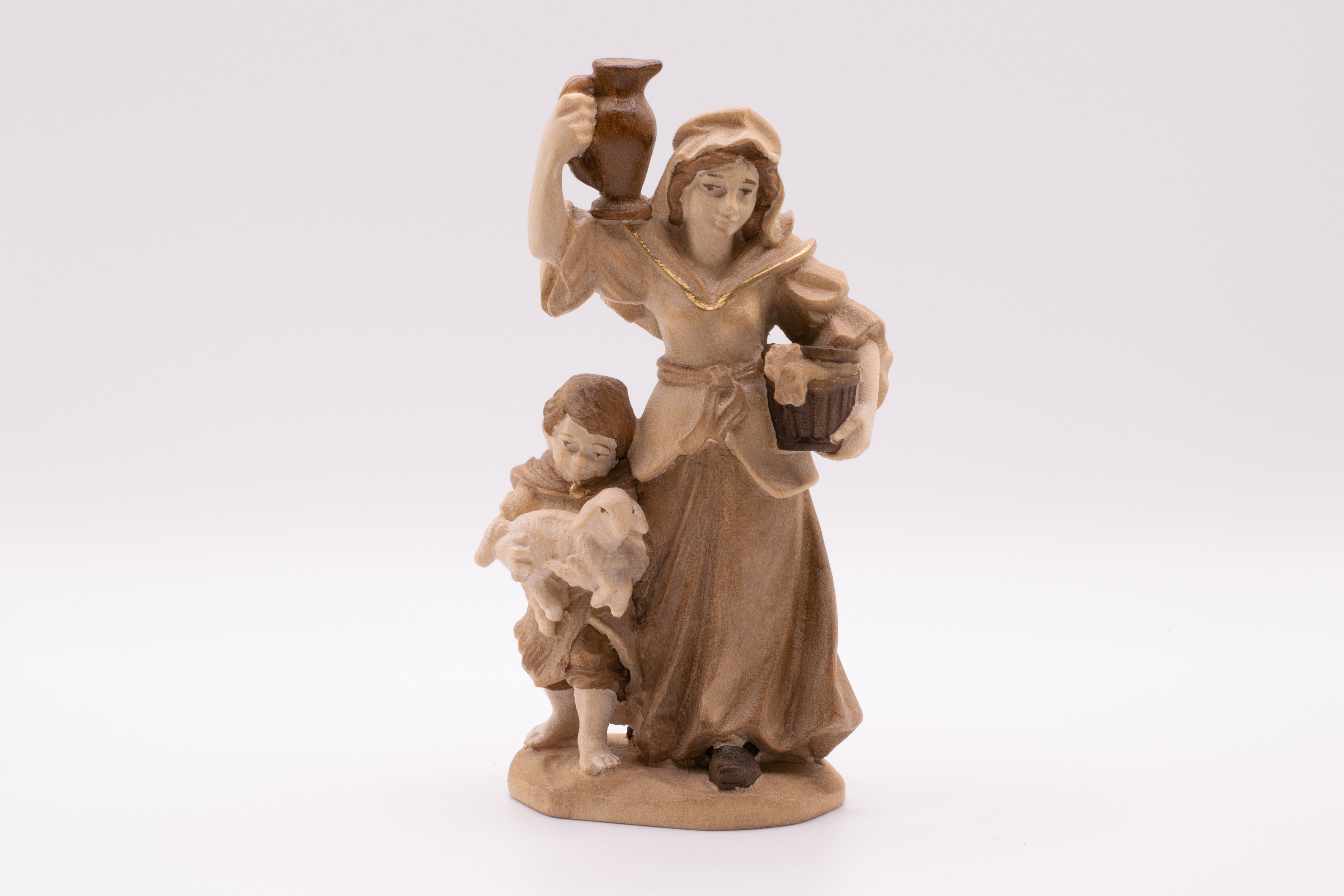 Krippenfigur Hirtin mit Kind, Barock - Gebeizt, 13cm