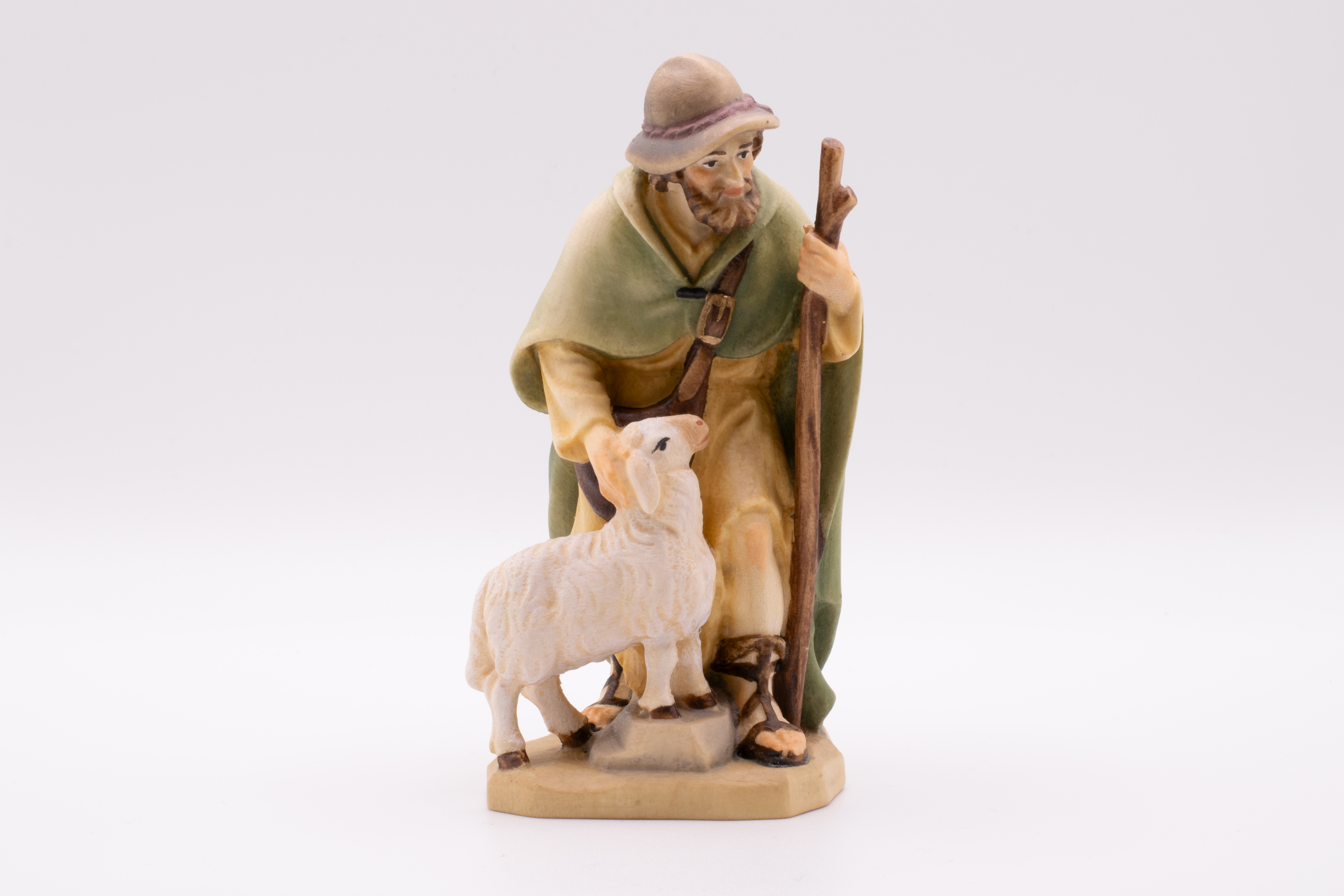 Krippenfigur Hirt mit Stock und Schaf, Barock - Bemalt, 7cm