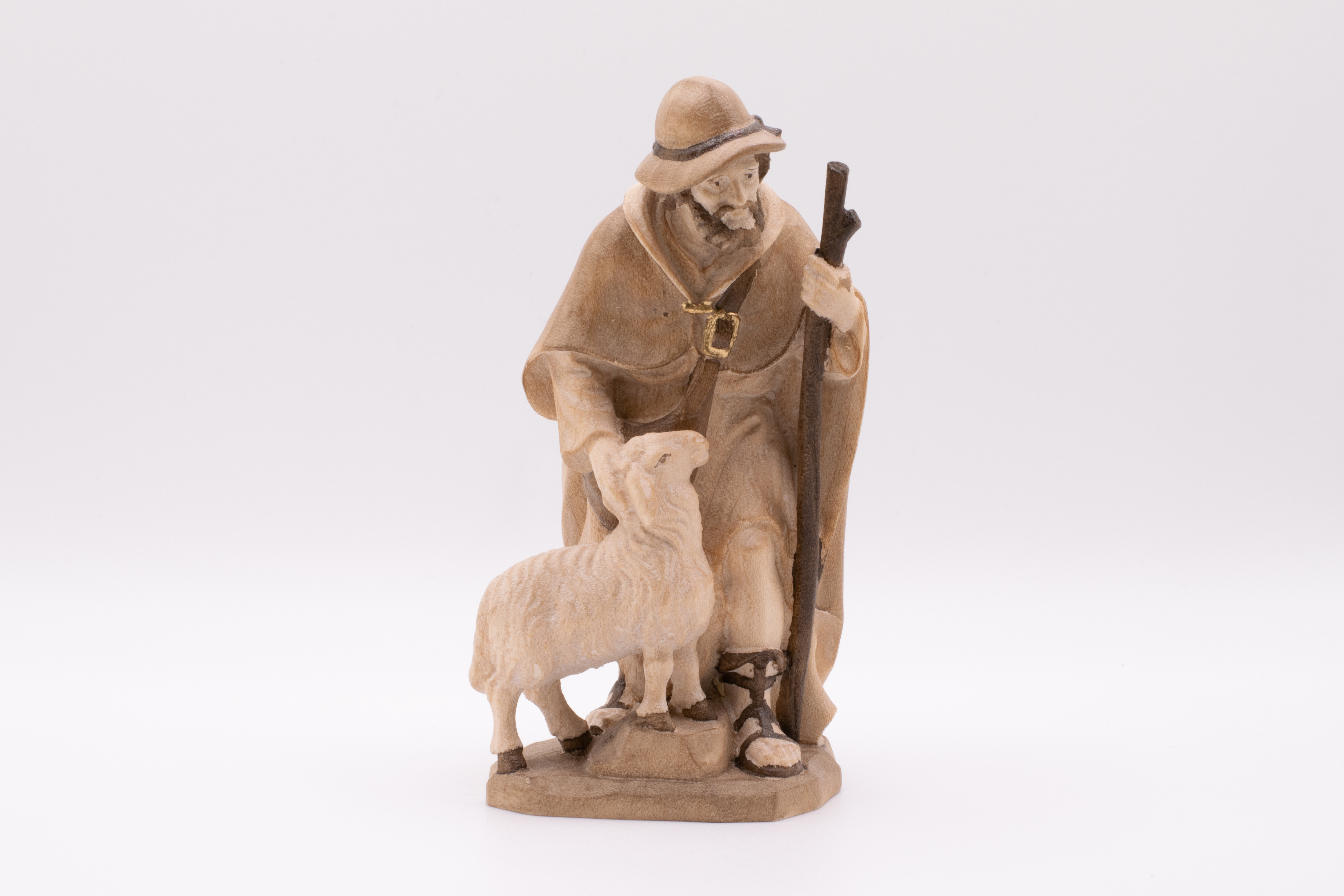 Krippenfigur Hirt mit Stock und Schaf, Barock - Gebeizt, 13cm