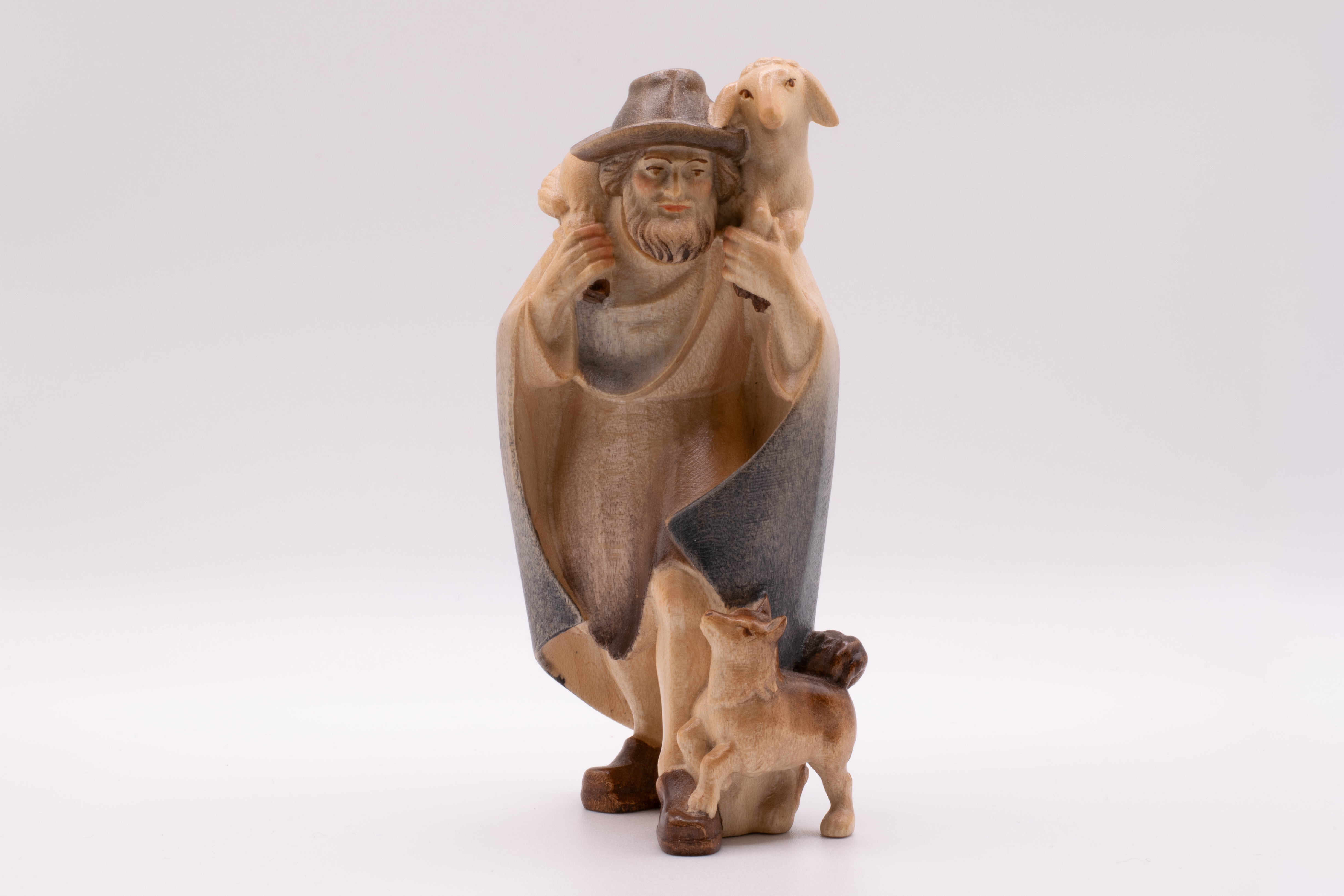 Krippenfigur Hirt mit Schaf und Hund, Modern - Bemalt, 14cm