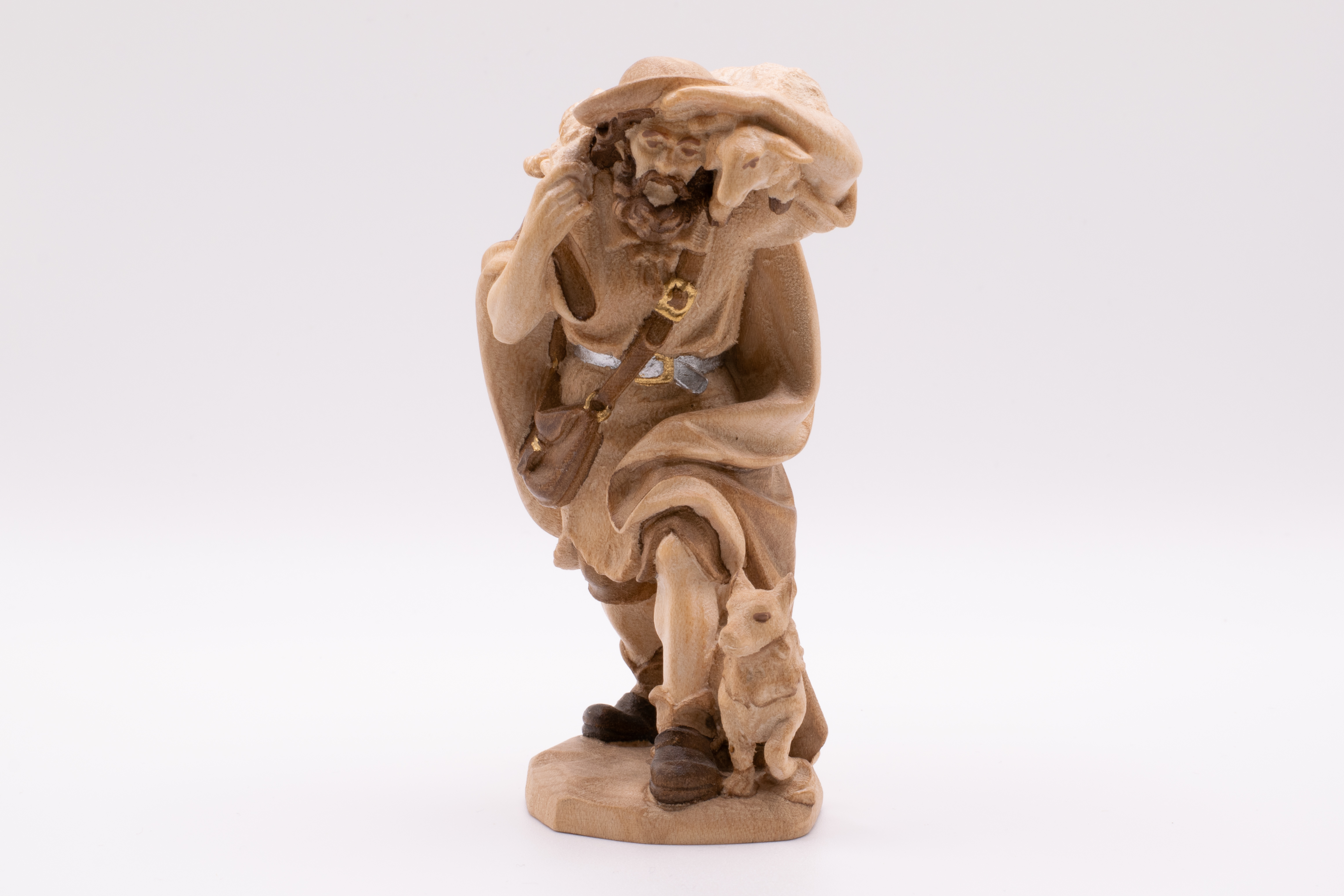 Krippenfigur Hirt mit Schaf und Hund, Barock - Gebeizt, 13cm