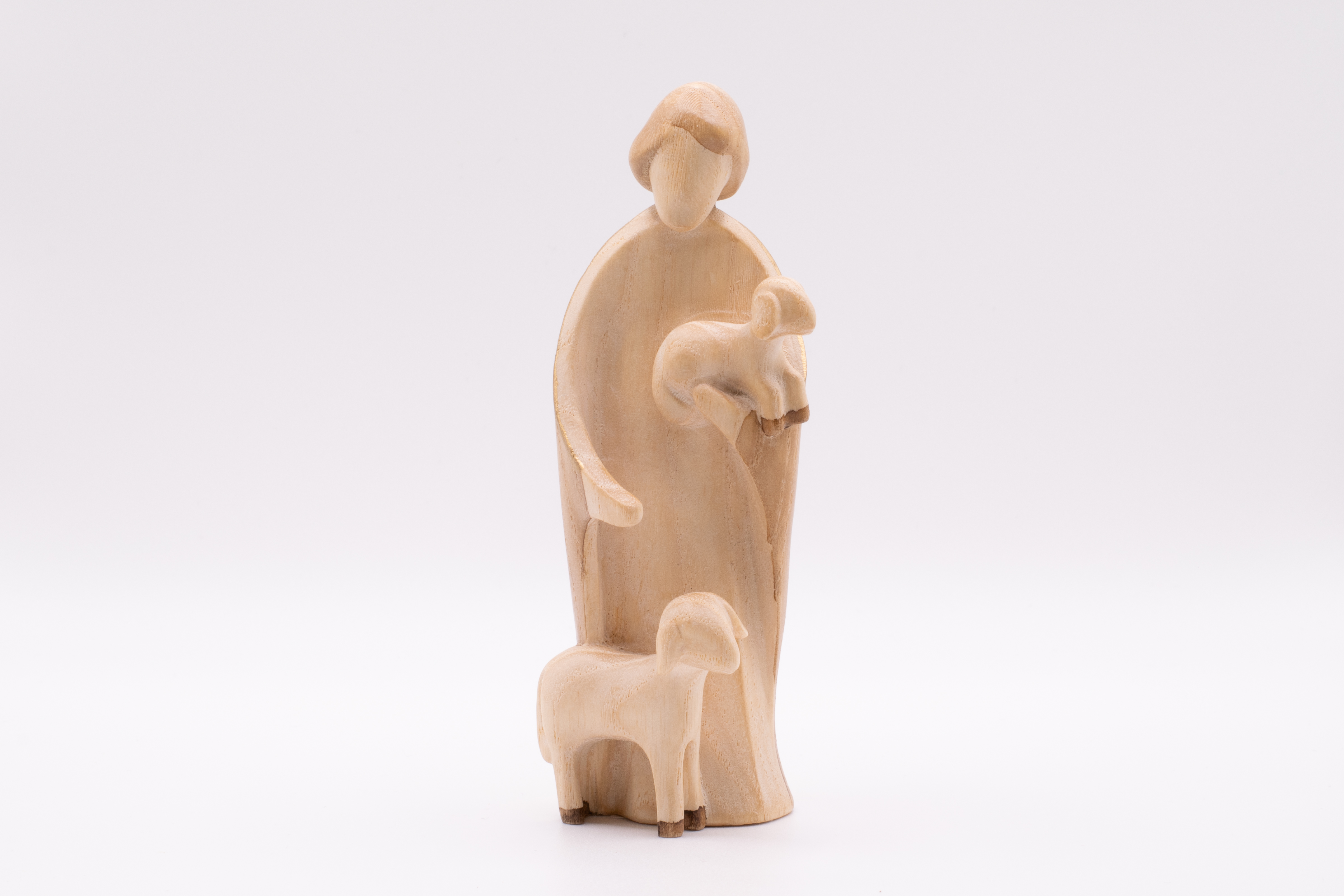 Krippenfigur Hirt mit Schaf und Lamm, Stilisiert - Gebeizt, 12cm